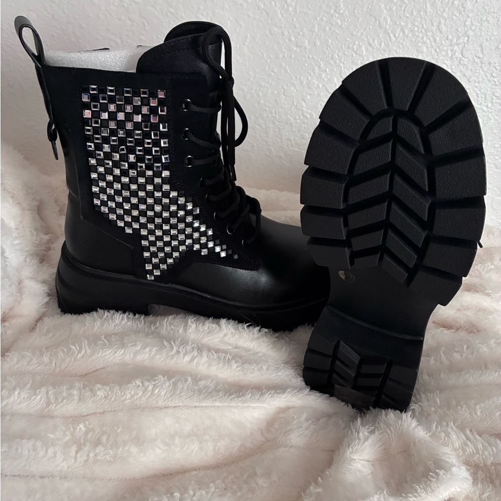 Black Combat Boots with Silver Studded Star Accent - Picture 3 of 5